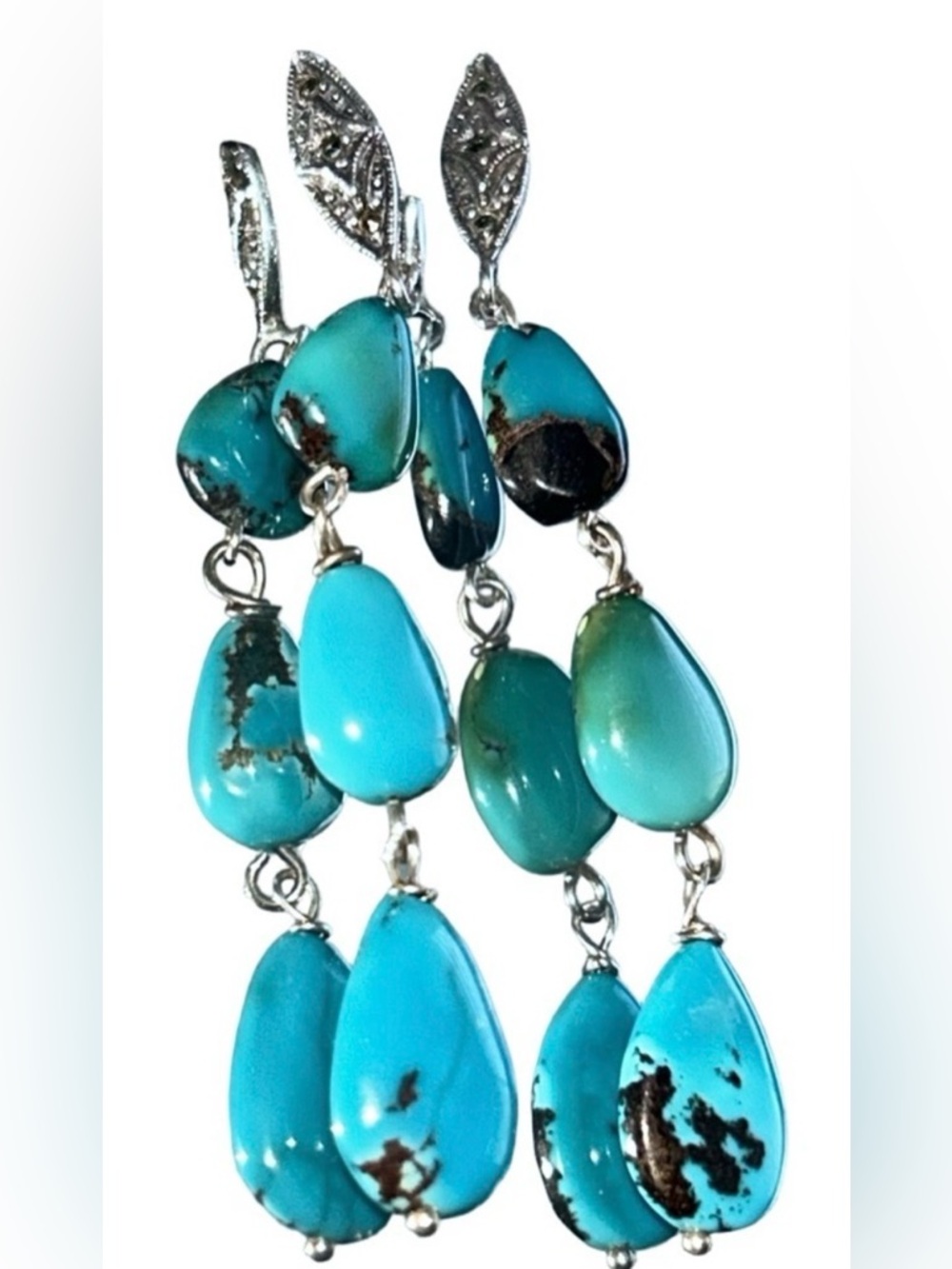 Gorgeous Native American Navajo Turquoise Marcasite Sterling 925 Drop Earrings - Picture 7 of 16